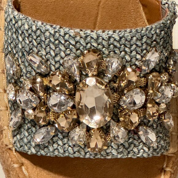 (6.5) BLUE SLIP-ON JEWELED PLATFORM WEDGE SANDAL JUTE WRAPPED ESPADRILLE BOTTOM - Picture 7 of 11